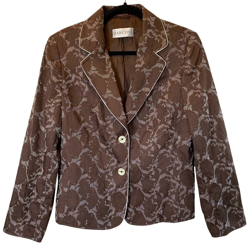 Marcona Womens Rose Pinstripe Blazer Jacket Size 10 Brown Floral Career Business